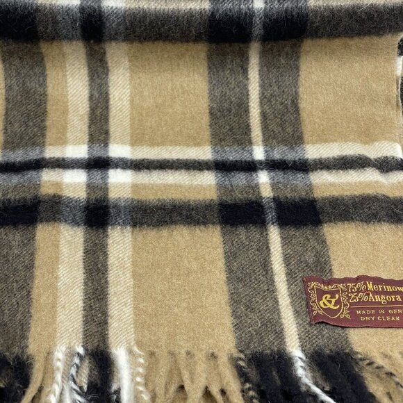 Vintage Wool Neck Scarf Brown Tartan Check Plaid Made in Germany Fringe 54x12" - Picture 3 of 5